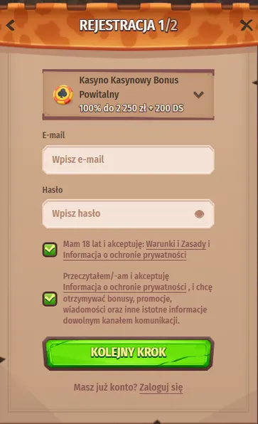 Formularz rejestracji w Stone Vegas